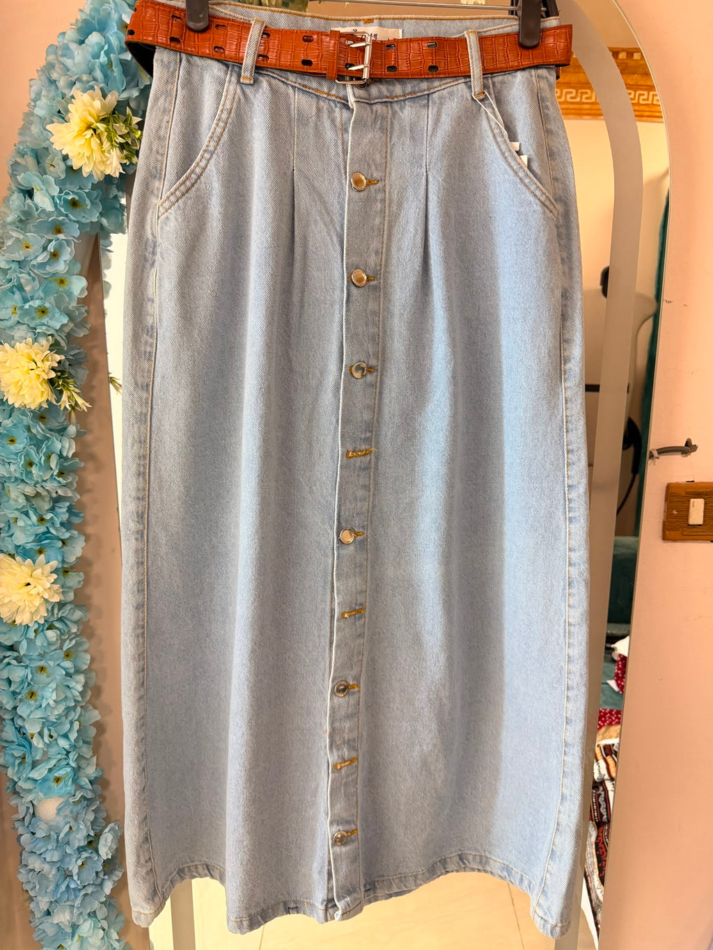 long denim skirt with brown belt