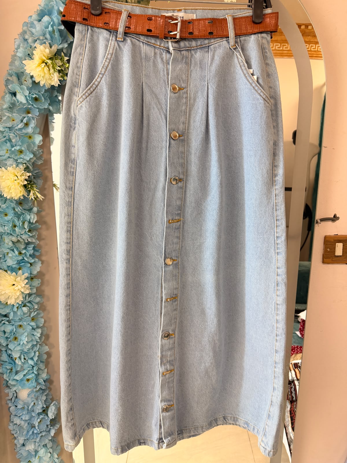 long denim skirt with brown belt