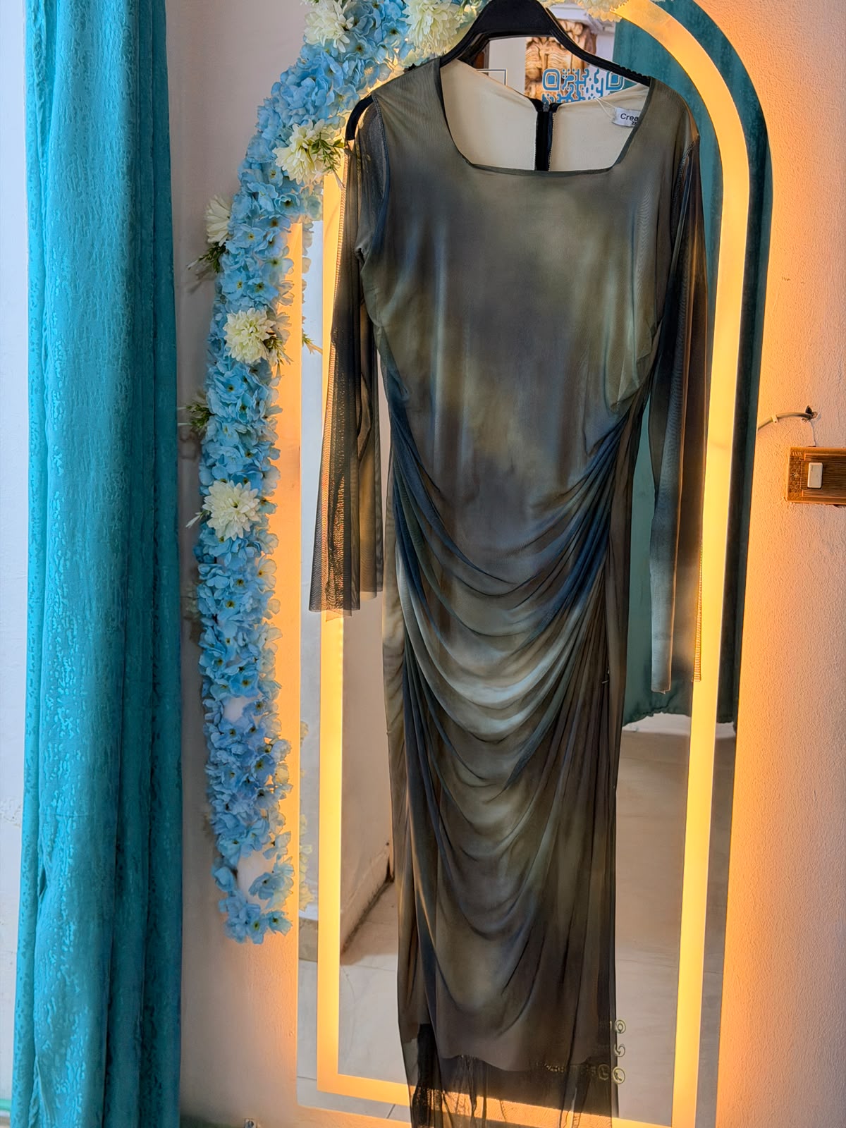 long sleeved olive mesh ruched dress