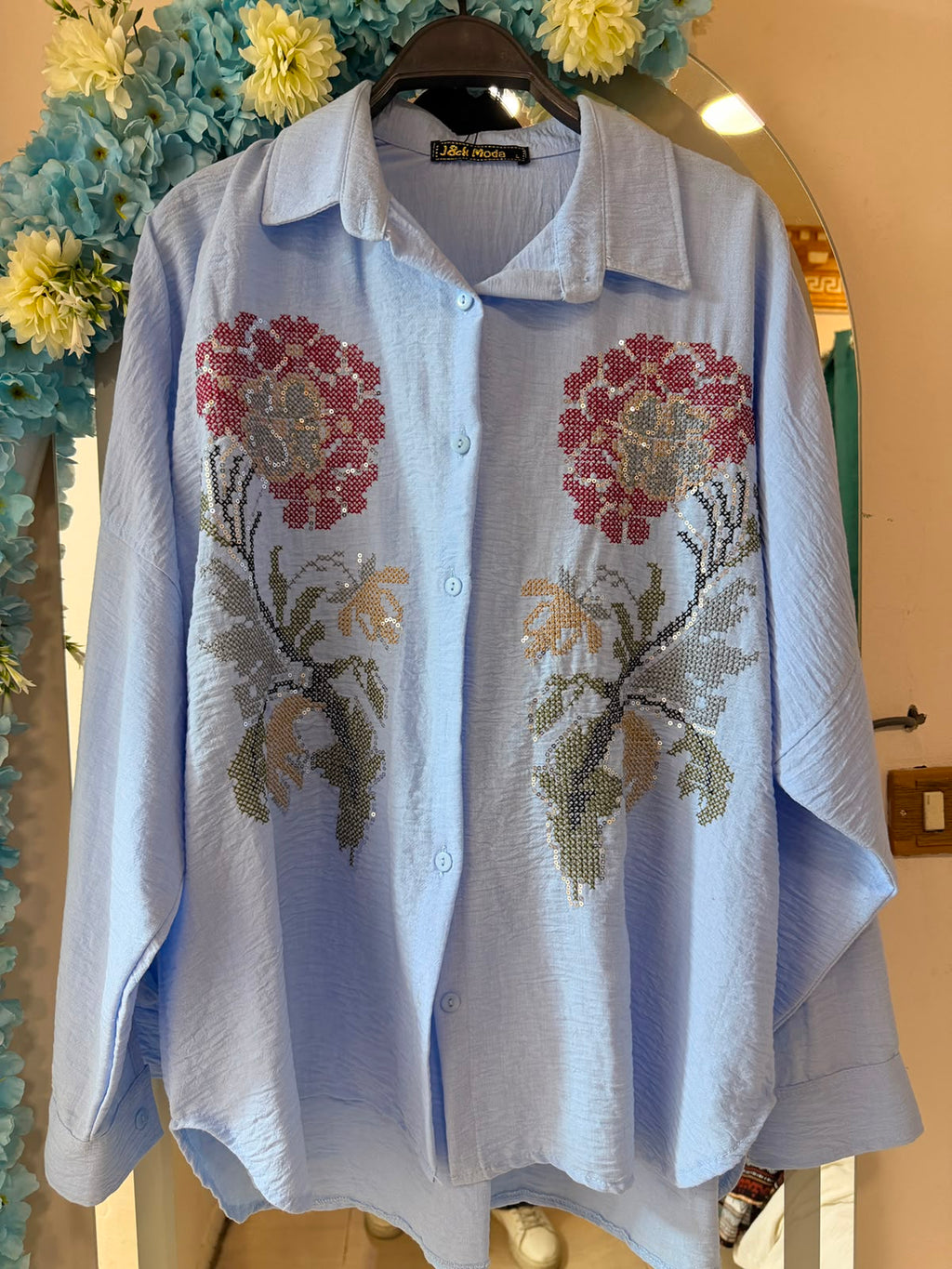 long sleeved denim button up shirt