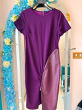 purple bodycon dress with faux leather zipper panel