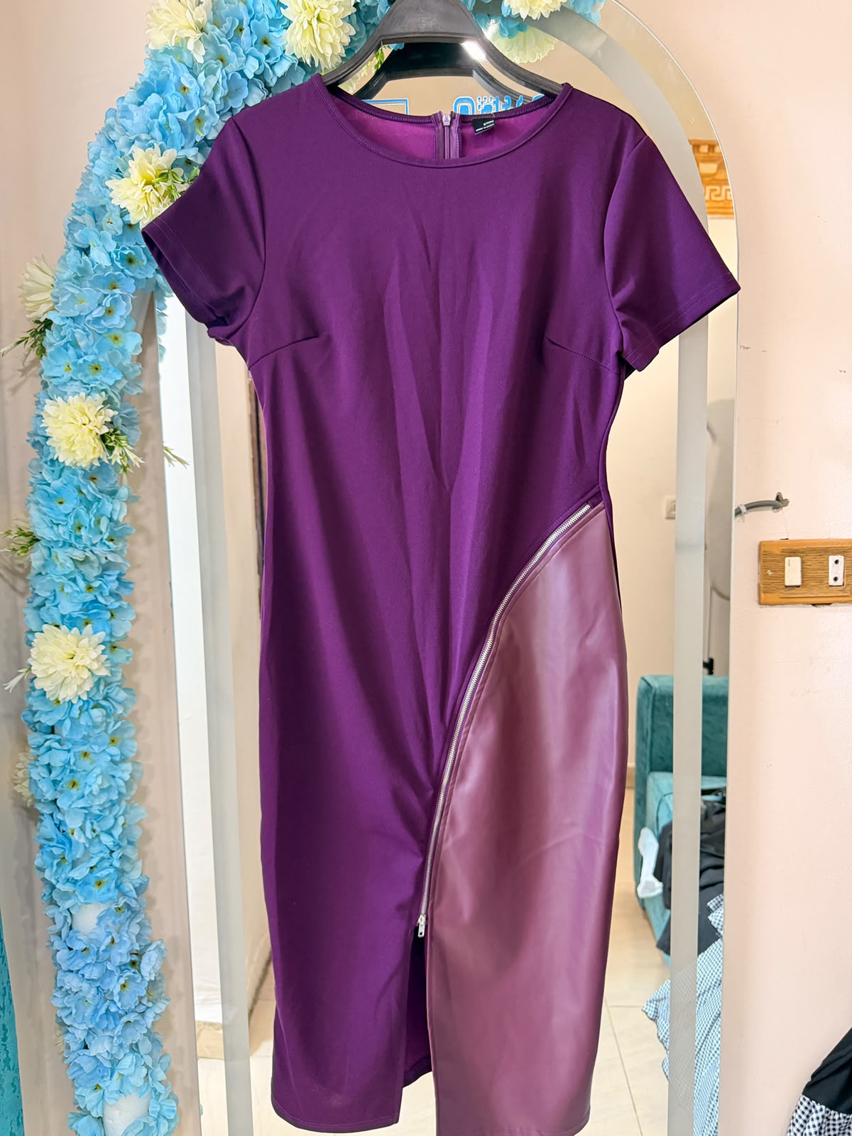 purple bodycon dress with faux leather zipper panel