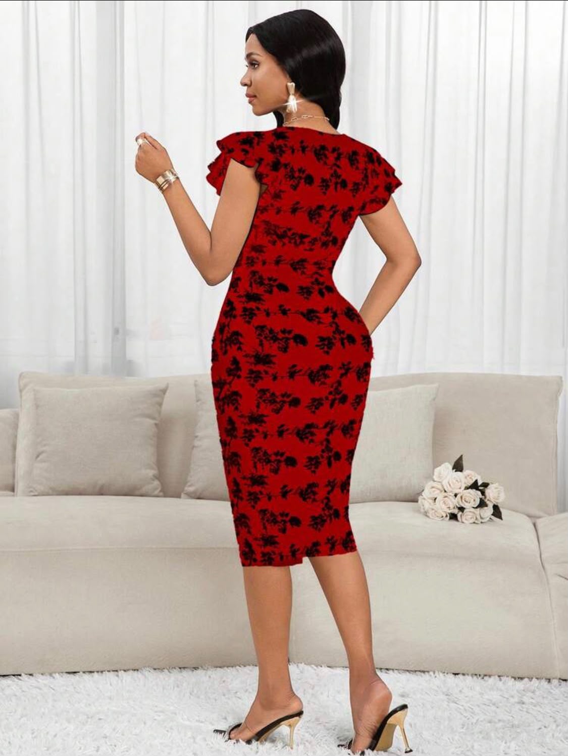 cute red flowery dress with ruffled sleeves