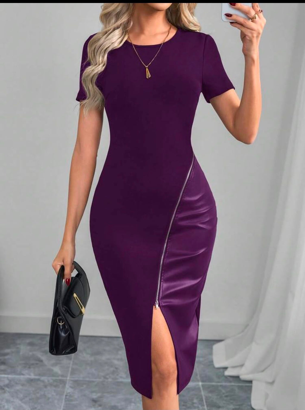 purple bodycon dress with faux leather zipper panel