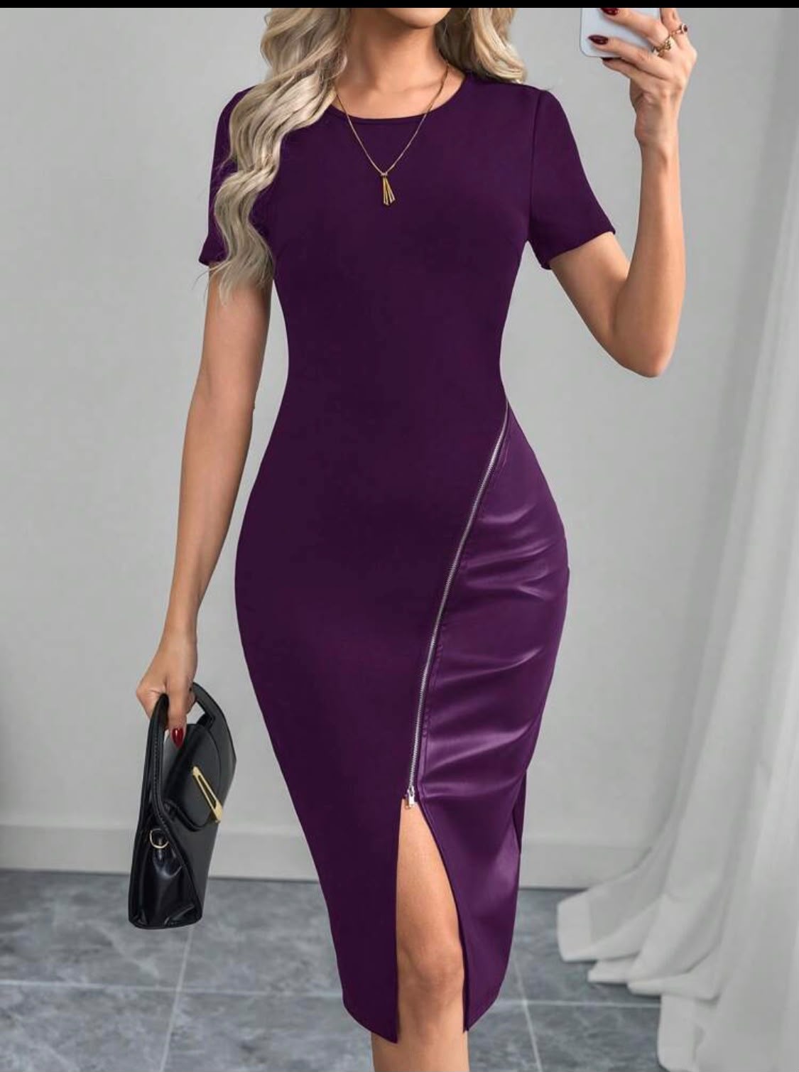 purple bodycon dress with faux leather zipper panel