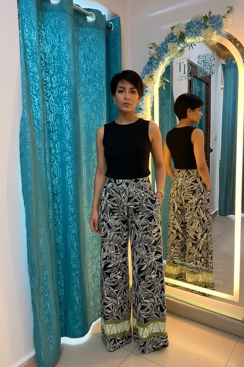 Dark hair model - tropical pants
