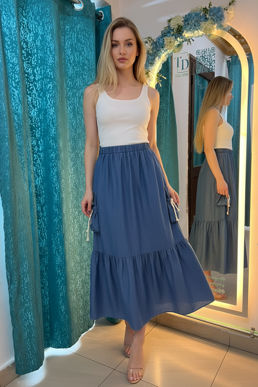 cute long denim skirt