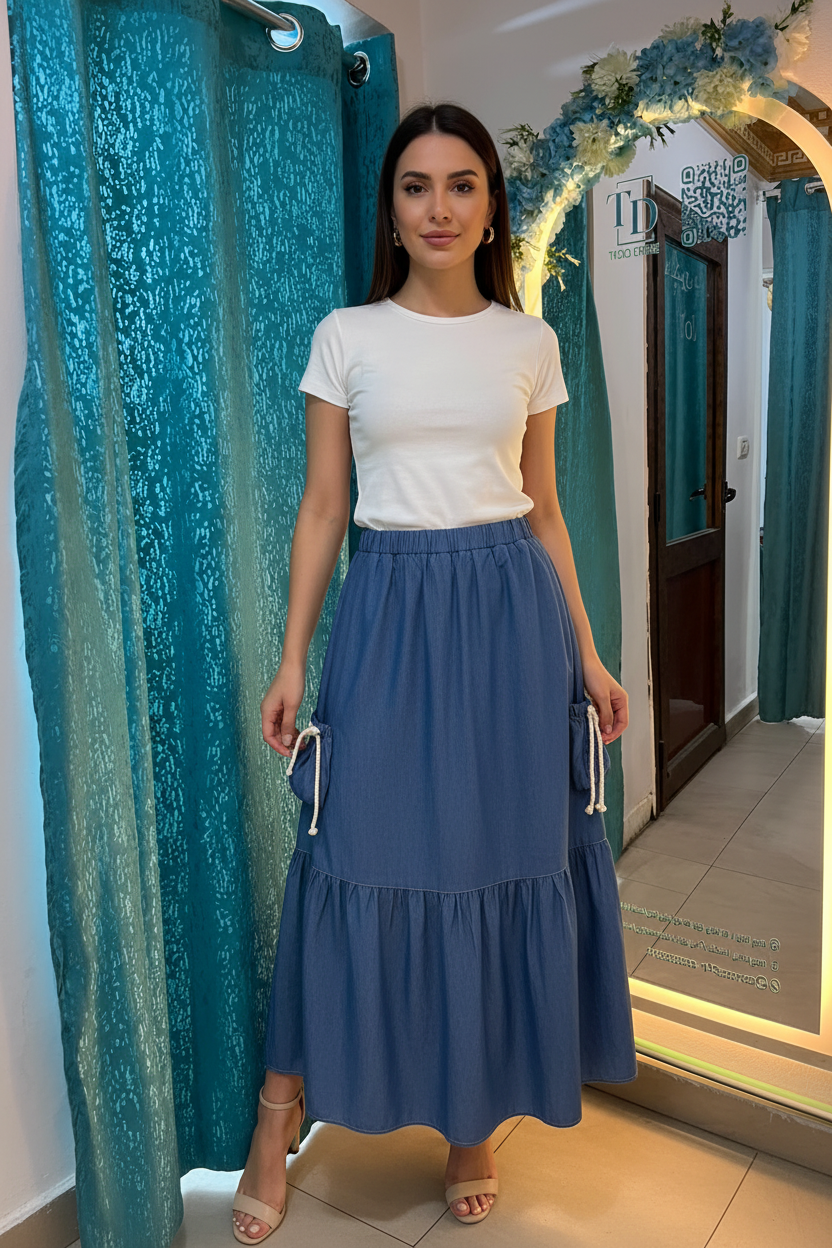 cute long denim skirt