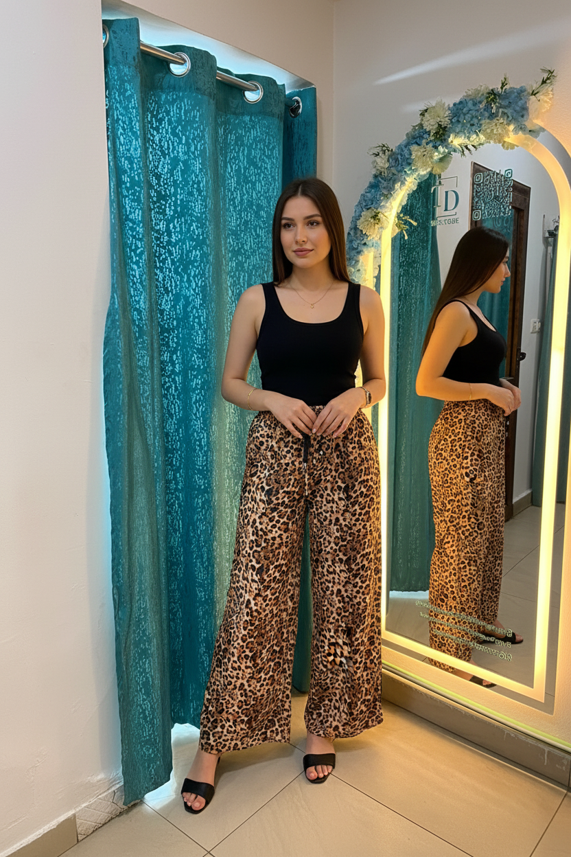 Model 1 in classic leopard pants