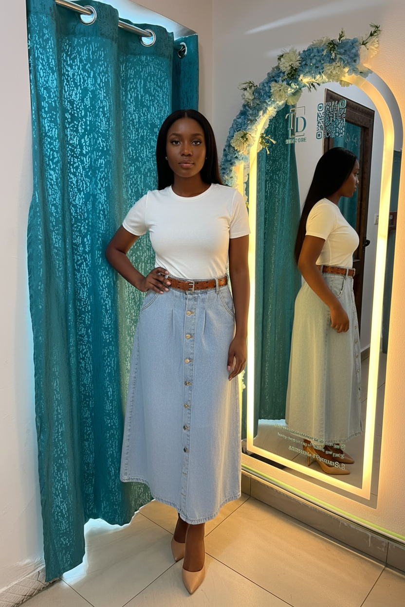 Model 1 in denim midi skirt