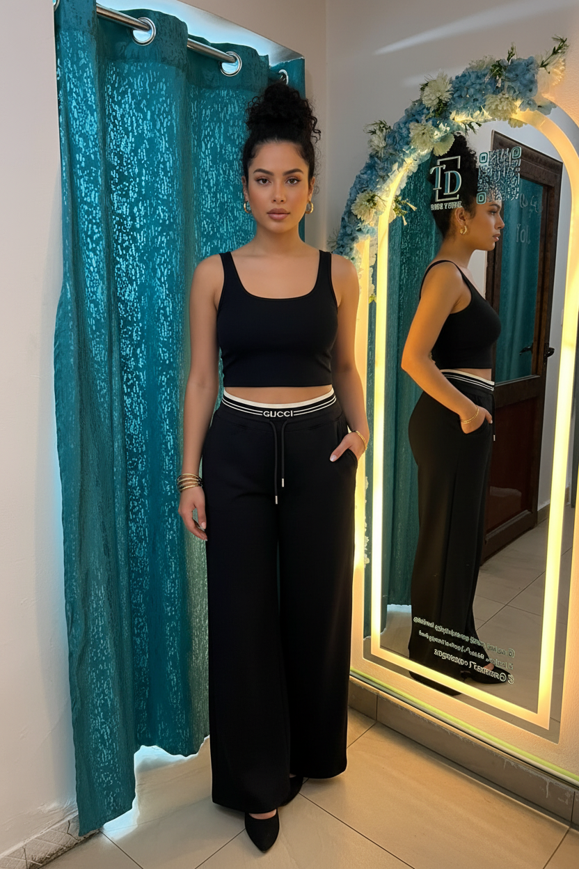 Model 2 in black Gucci sweatpants