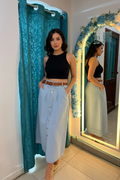 Model 2 in denim midi skirt